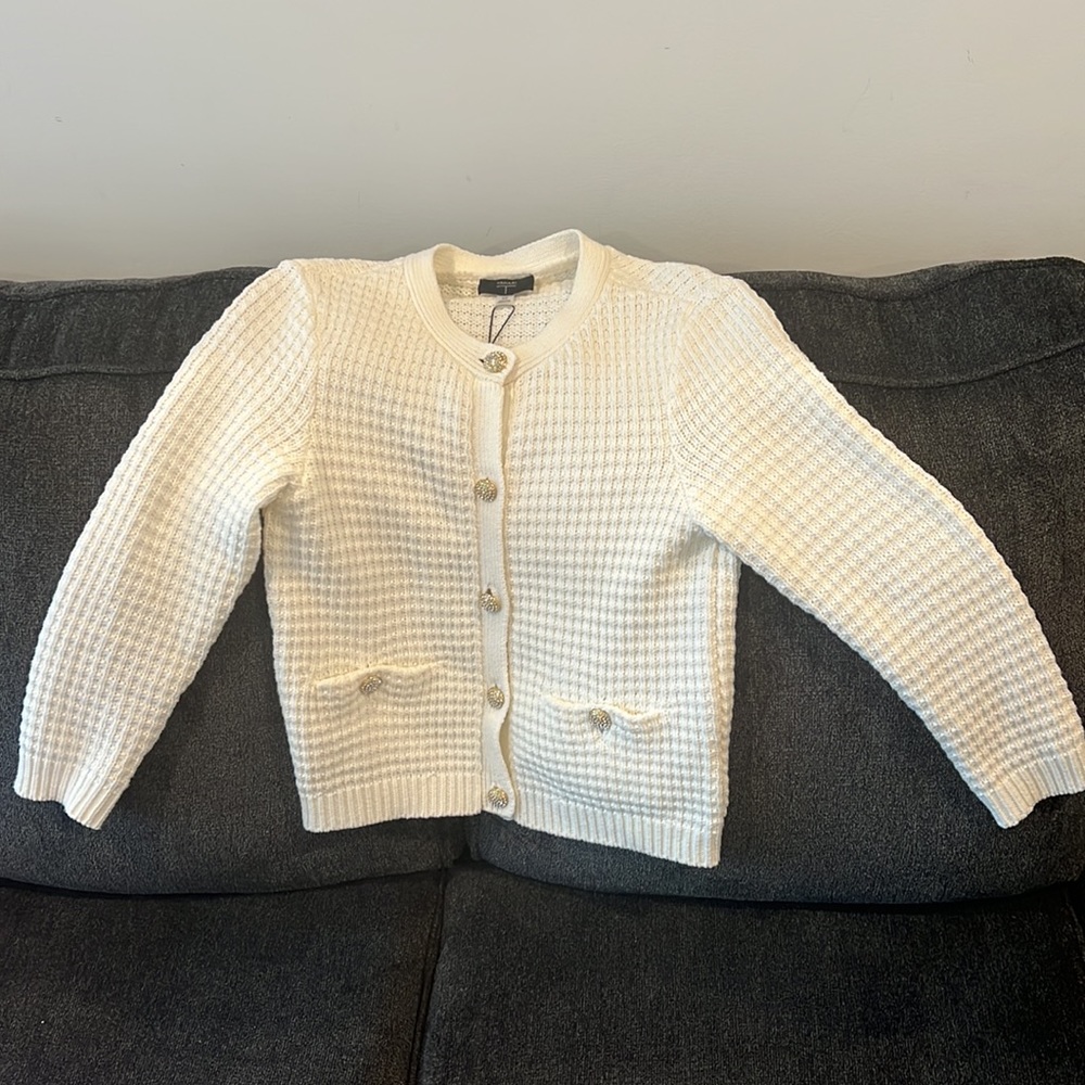 Tahari White Cardigan With Rhinestone Buttons